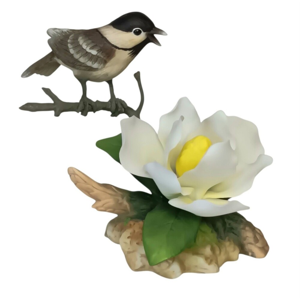 Rare Andrea by Sadek White Magnolia with Chickadee Porcelain Figurine With Box